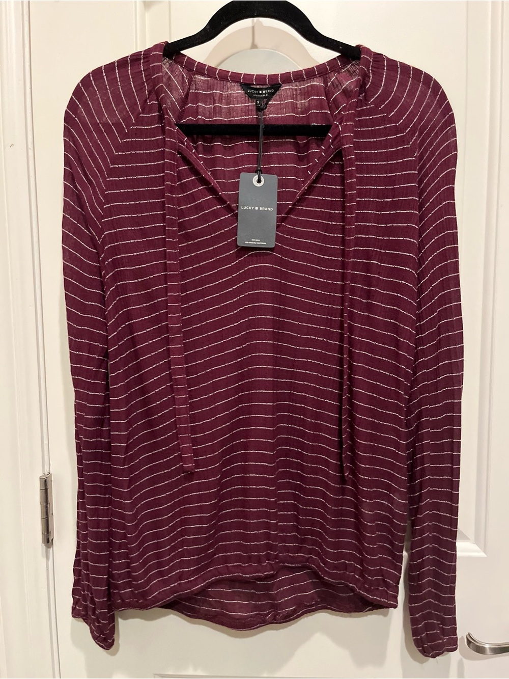Lucky Brand NWT Burgundy Metallic Striped Tie Neck Peasant Blouse Small S